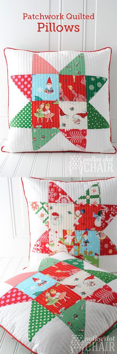 Tutorial for Christmas Patchwork "Star Block" Pillows made from "vintage" Christmas fabrics Quilted Cushions, Modern Christmas Quilt, Tips Menjahit, Patchwork Pillows, Quilted Star, Halloween Girlande, Quilted Pillows, Star Pillow, Christmas Patchwork