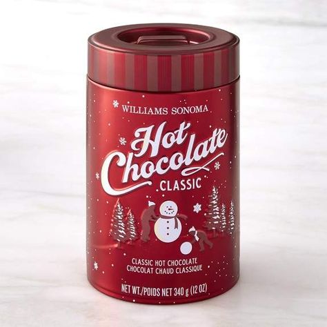 Williams Sonoma Classic Hot Chocolate Cocoa Packaging, Hot Chocolate Set, Illustrated Packaging, Hot Choco, Gourmet Hot Chocolate, Cocoa Party, Salted Caramel Hot Chocolate, Classic Hot Chocolate, Metal Packaging