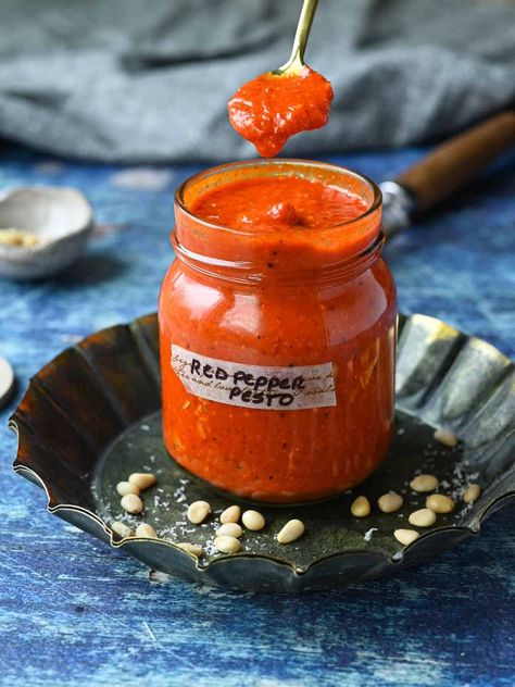 Roasted Red Pepper Pesto - Brunch & Batter Roasted Red Pepper Pesto, Red Pepper Pesto, Gourmet Toast, Pepper Pesto, Almond Pesto, Red Pepper Jelly, Red Pesto, Homemade Condiments, How To Make Pesto