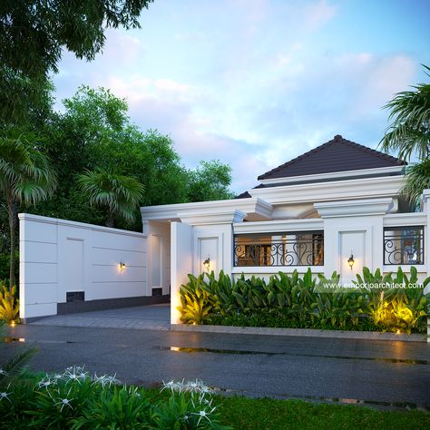 "1777th Design" . This house design is owned by our client in South Kalimantan. Embracing an elegant classic style with pillars at the entrance area, this house despite its land width of less than 10 meters looks charming. Moving towards the outdoor area, we reach a spacious backyard that feels serene with decking and tropical green plants. . The 30th design of May, 151st design of year 2023, 1777th design overall Our Portfolio : Mrs. PJH 1777 Classic House 1 Floor Design - Kalimantan Selatan... House 1 Floor, South Kalimantan, Spacious Backyard, Emporio Architect, Tropical Green, Classic House, Floor Design, Green Plants, Outdoor Area