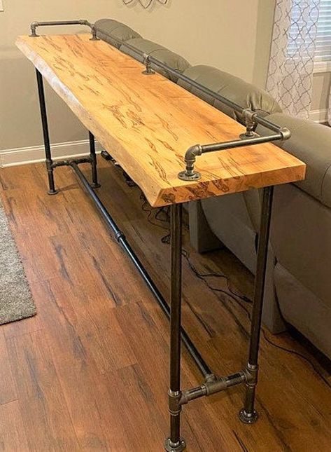 Pipe And Wood Table, Diy Industrial Bar Table, Metal Pipe Projects, Octagon Cabin, Diy Pub Table, Diy Industrial Table, Pipe Table Diy, Diy Bar Table, Industrial Couch