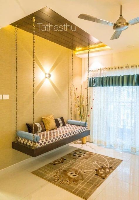 Wooden ledges above swing Swing In Living Room, Indian Room Decor, Swing Bed, India Home Decor, Indian Home Design, Luxury Living Room Design, Living Room Partition Design, Living Room Sofa Design, Furniture Design Living Room