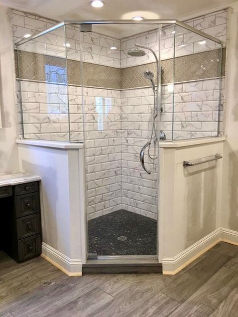 Neo Angle Showers - Bathroom - New York - by Lighthouse Shower Doors | Houzz L Shaped Walk In Shower Master Bath, Corner Shower And Tub, Corner Shower With Half Wall, Replace Corner Tub With Shower Walk In, Corner Shower Niche, Large Corner Shower Ideas, Corner Shower Layout, Walk In Shower Corner, Corner Glass Shower Ideas