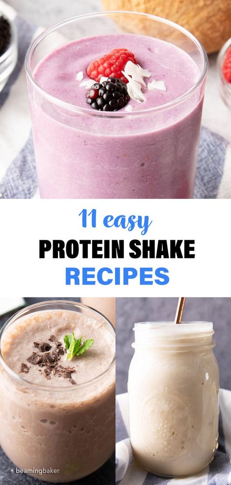 11 Protein Shake Recipes from Beaming Baker. Here is my favorite protein shake recipe + 11 different flavors of protein shakes you can make with it! Iso100 Protein Shake Recipes, Vanilla Protein Shake Recipes, Simple Protein Shake Recipes, Bariatric Protein, Beaming Baker, Easy Protein Shakes, Best Vegan Protein Powder, Best Whey Protein Powder, Peanut Butter Protein Shake