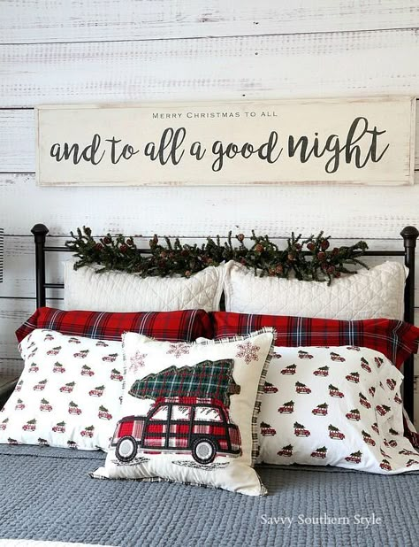 Another cute sign for over the bed... look at these sheets Farmhouse Style Bedroom, Film Decor, Christmas Diy Wood, Farmhouse Style Christmas, Texas House, Christmas Farmhouse, Bedding Ideas, Christmas Decorations Bedroom, Christmas Signs Wood