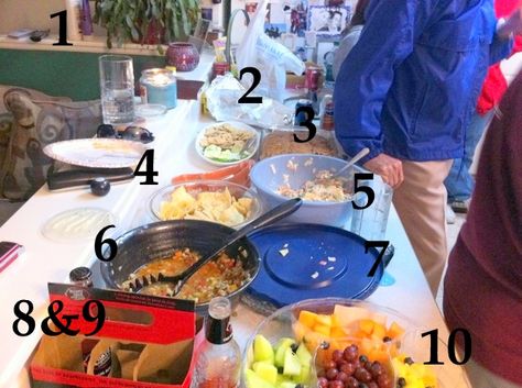 Potluck Set Up Ideas, Potluck Table Setup, Setting Up A Buffet Table Layout, Utensil Display For Party Buffet Tables, How To Organize A Potluck Party, Buffet Table Silverware Display, How To Set Up A Buffet Table, How To Label Food On A Buffet, Diy Buffet Table