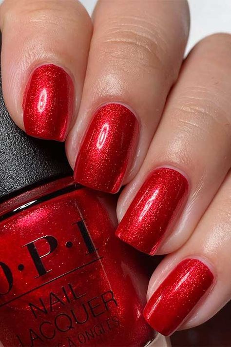 Short shimmer fiery red nails using OPI Kiss My Aries from OPI Big Zodiac Energy Collection 2023 Opi Red Glitter Nail Polish, Opi Kiss My Aries, Red Shimmer Nails, Opi Red Nail Polish, Shimmery Nail Polish, Cranberry Nails, Red Glitter Nail Polish, Violet Nail Polish, Holiday Nail Colors