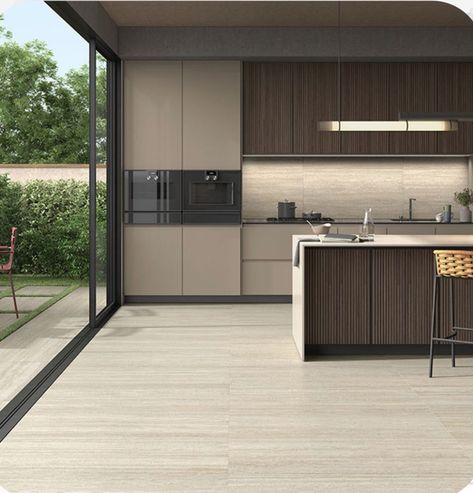 Grey Kitchen Floor Tiles, Concrete Tiles Kitchen, Warm Grey Kitchen, Grey Tile Kitchen Floor, Grey Kitchen Interior, Brown Cupboards, Grey Kitchen Tiles, Taupe Kitchen, Grey Kitchen Floor