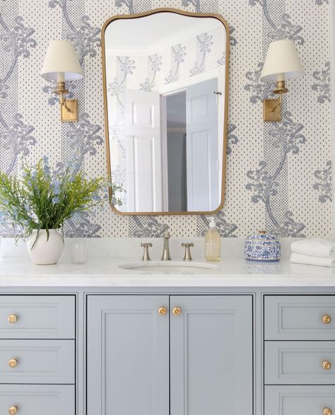 Katie Davis Design, Katie Davis, Grey And White Wallpaper, Modern Luxury Interior, Luxe Interiors, Blue Bathroom, Bathroom Wallpaper, Bathroom Renos, Kids' Bathroom