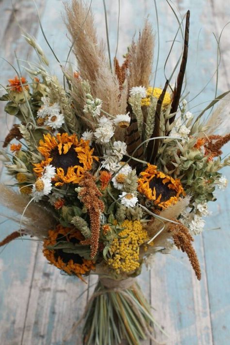 Burnt Orange Bridal Bouquet, Prairie Sunset, Orange Bridal Bouquet, Dried Sunflowers, Winter Bridal Bouquets, Bridal Bouquet Blue, Sunflower Arrangements, Sunflower Wedding Bouquet, Blue Wedding Bouquet