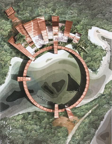 Louise Bjørnskov Schmidt plans rainforest complex for Panama Presentation Drawing, Bartlett School Of Architecture, Architecture Presentation Board, Architecture Graphics, Landscape Architecture Design, Education Architecture, Landscape Plans, Architecture Rendering, Architecture Illustration