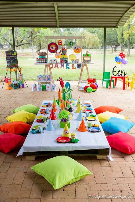 OneFineDayParties's Birthday / Little Monsters - Photo Gallery at Catch My Party Multiple Themed Birthday Party, Outdoor 3rd Birthday Party, Backyard 3rd Birthday Party, 6 Yr Birthday Party Ideas, Large Backyard Party, 1st Birthday Outdoor Decorations, Kids Table Party Ideas, Outside 1st Birthday Party Ideas, Outdoor 2nd Birthday Party Ideas