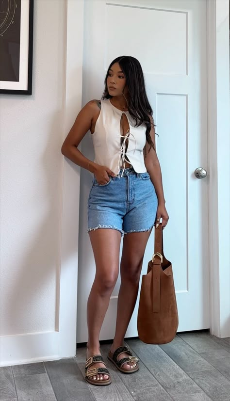 Women's High Rise Dad Short curated on LTK Jean Wrap Skirt Outfit, Casual Summer Mini Wrap Skirt, Casual Mini Wrap Skirt, Summer Cotton Mini Wrap Skirt, Vacation Wrap Mini Skirt, Short Jean Skirt Outfits, Effortlessly Chic Outfits Summer, Short Denim Skirt Outfits, Vee Mendoza