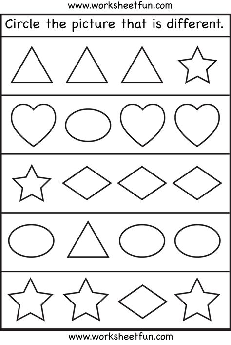 Circle the picture that is different - 3 Worksheets Matematik Prasekolah, Pre K Worksheets, Shapes Worksheet Kindergarten, Free Preschool Worksheets, Shapes Preschool, Printable Preschool Worksheets, Shapes Worksheets, Kindergarten Fun, Pre K Activities