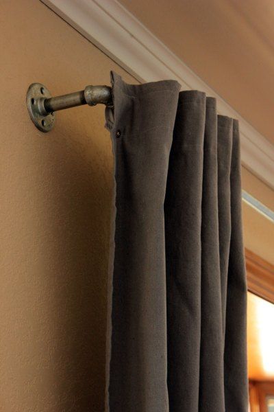 Dyed drop cloths with DIY curtain rod Diy Curtain Rod, Curtains Diy, Diy Curtain Rods, Cloth Curtains, Diy Curtain, Dream Master, Rit Dye, Galvanized Pipe, Drop Cloth Curtains