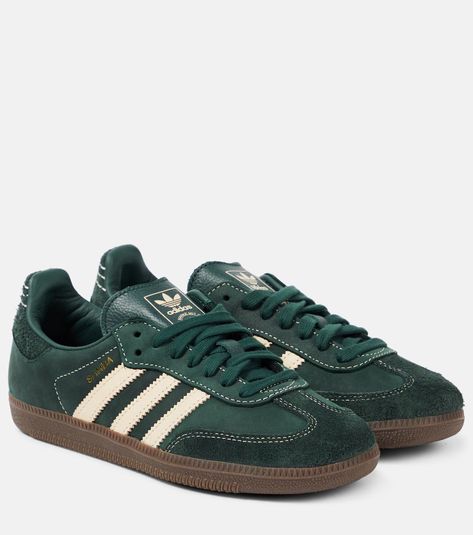 Samba OG leather sneakers in green - Adidas | Mytheresa Forest Green Sneakers, Adidas Shoes Women Samba, Shoes For Women 2024, Womens Sambas, Colorful Sambas, Cute Green Shoes, Fall 2024 Shoes, Green Samba Outfit, Fall Shoes 2024