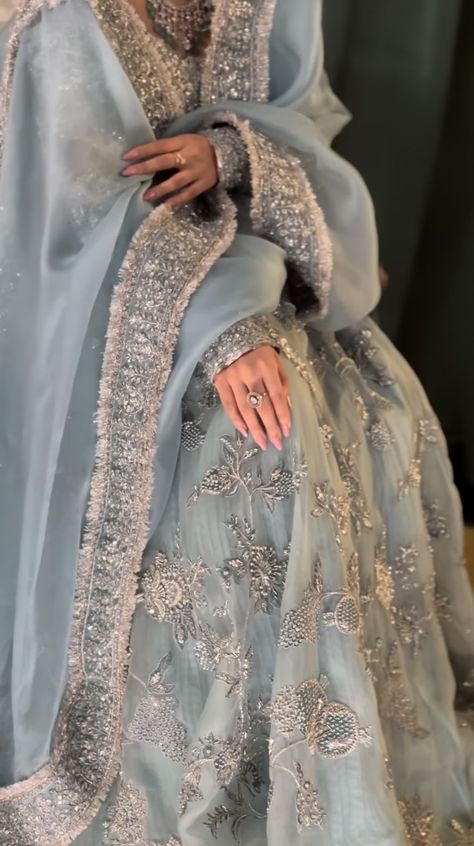 Desi Engagement Party, Light Blue Pakistani Dress, Pakistani Engagement Dresses, Desi Dress, Desi Wedding Dresses, Nikkah Dress, Asian Bridal Dresses, Pakistani Wedding Outfits, Desi Fashion Casual