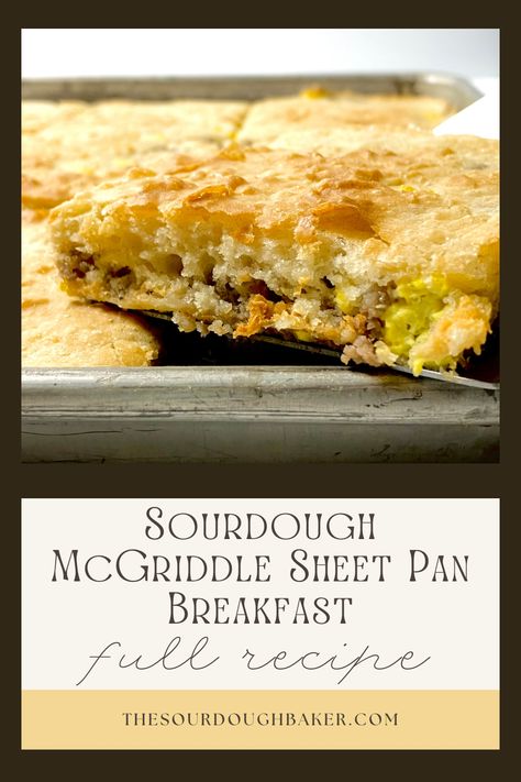 Full recipe + video detailing how to make this McGriddle Sheet Pan Sourdough Breakfast. This recipe uses an entire three cups of sourdough discard to make the pancake portion of this breakfast! With just five ingredients - discard, milk, maple syrup, baking soda, and salt - and your choice of prepared fillings, this easy discard recipe comes together extremely quick and will be a winner for the whole family. Pancake Sourdough Discard, Quick Easy Discard Recipes, Sourdough Discard Sheet Pan Pancakes, Easy Sourdough Discard Breakfast, Sourdough Recipes Breakfast, Sourdough Discard Breakfast Casserole, Discard Sourdough Breakfast Recipes, Quick Sourdough Breakfast Recipes, Sourdough Discard Carrot Cake