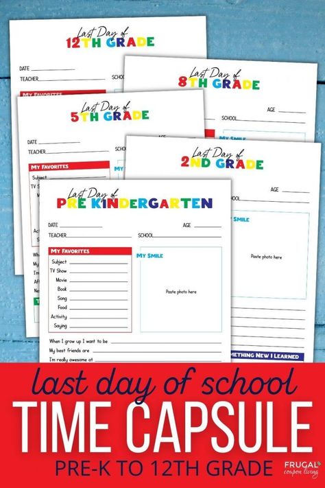 Learn what is a time capsule and what to put inside a DIY time capsule. Plus, download and print this adorable Kindergarten to High School Time Capsule Printable: A printable time capsule to keep throughout your child’s school years filled with the best of memories. In this school time capsule, use these time capsule worksheet to capture memories from your child throughout the years. Display at a graduation party or save to pen at a later date. Make sa perfect yearly family tradition. School Time Capsule, Time Capsule Ideas, Parenting Printables, Tenth Grade, The Last Day Of School, School Date, Ninth Grade, School Printables, Pre Kindergarten