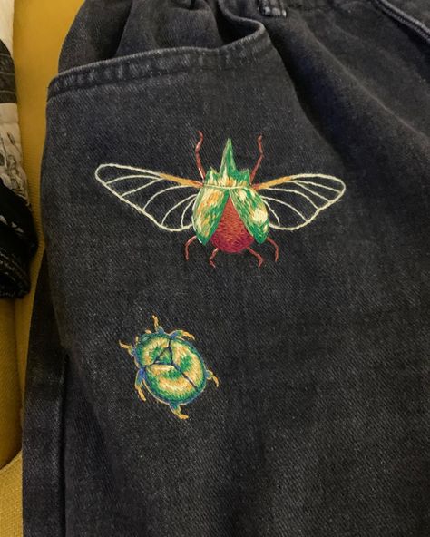 Alexis Sugden | Embroidered some jeans for a friend, this was very fun to do 🪲🪲🪲 #embroidery #bugs #insects #beetle | Instagram Embroidery Bugs, Beetle Embroidery, Fashion Brand, Bugs, Insects, Embroidery, Crochet, Quick Saves, Instagram