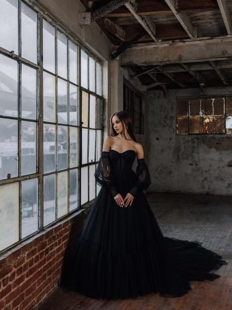 Luv Bridal, Detachable Puff Sleeves, Black Bridal Dresses, Dark Romantic Wedding, Off Shoulder Tulle, Wedding Dresses Princess, Dark Wedding Theme, Bridal Showroom, Black Wedding Gowns