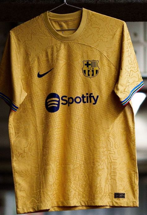 New Barca Away Shirt 2022-2023 | Nike Gold Kit with Barcelona city map design | Football Kit News Barcelona Football Kit, Barcelona Kit, Barcelona City Map, Barca Jersey, City Map Design, Olympic Ring, Barcelona T Shirt, Barcelona Shirt, City Maps Design