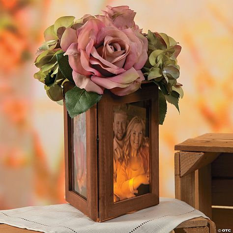 Wood Frame Centerpiece Idea | Oriental Trading Diy Picture Frame Centerpiece, Picture Frame Centerpiece Ideas, Picture Centerpiece Ideas, Diy Table Centerpieces, Picture Centerpieces, Photo Centerpieces, Event Tables, Table Centerpieces Diy, Candle Wedding Centerpieces