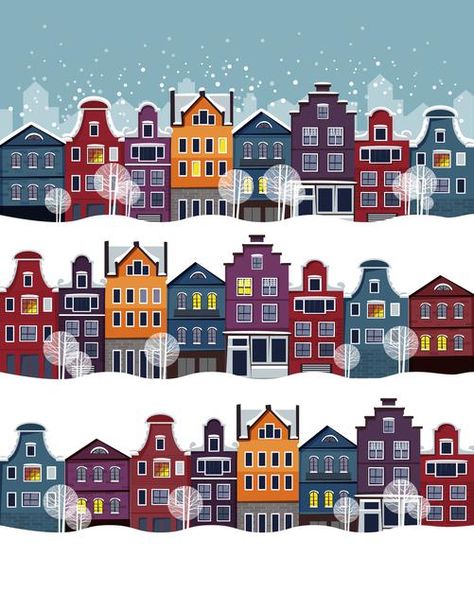 Winter House Illustration, Winter Building, How To Draw Snow, Grey Gradient Background, Winter Houses, Cute Houses, Lights Painting, Vector House, Painting The Sky