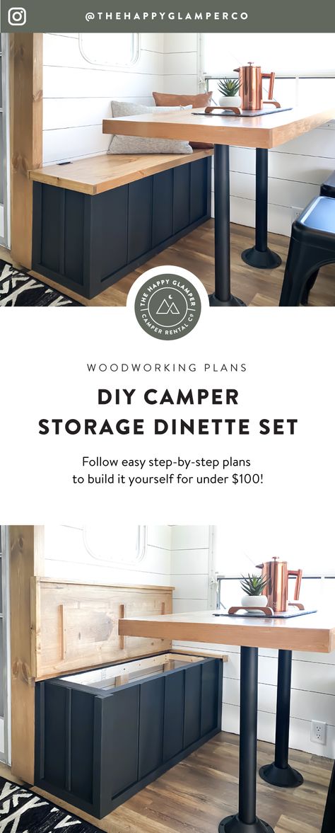 Camper Dining Table, Diy Camper Storage, Renovation Camper, Diy Storage Bench Seat, Dinette Storage, Build Your Own Camper, Camper Table, Rv Dinette, Camper Furniture