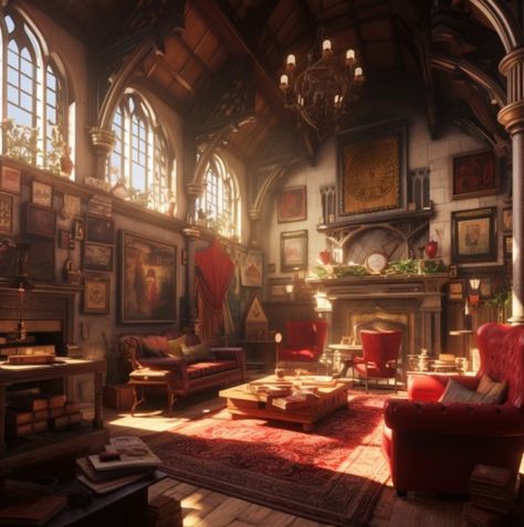 Gryffindor Common Room Art, Harry Potter Gryffindor Room, Gryffindor Common Room Fanart, Gryffindor Common Room Aesthetic, Hogwarts Layout, Common Room Aesthetic, Gryffindor Bedroom, Harry Potter Common Room, Gryffindor Room