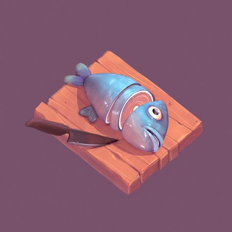 Fish Food Illustration, Fish Character Design, Animation Anatomy, Fish Icon, Fish Model, Props Concept, 3d Ideas, 3d Blender, 2d Game Art