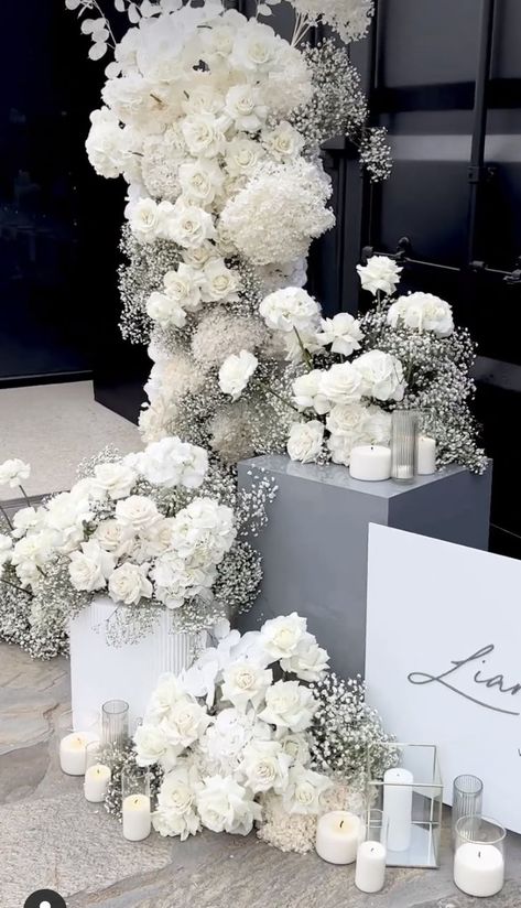 Inside Wedding Aisle Decor, Modern Champagne Wedding, Glamorous Wedding Bouquet, Nyc Spring Wedding, White Spring Flowers Wedding, Gipsofila Wedding Decoration, White Flower Wall With Neon Sign, Candlelit Sweetheart Table, Formal Black And White Wedding