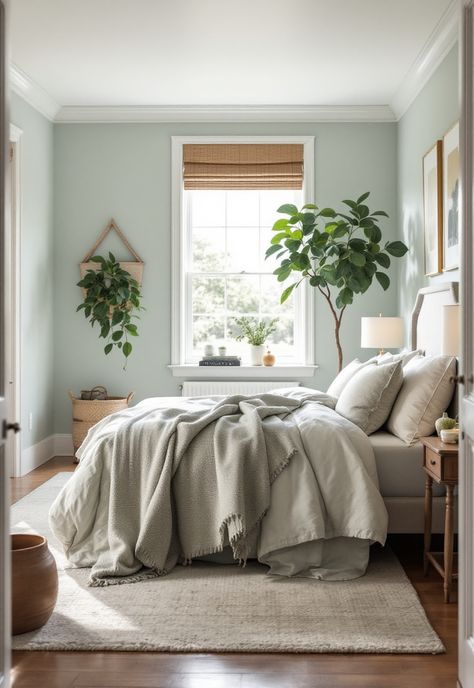 Sage Green Farmhouse Bedroom Sage Guest Bedroom, Calming Green Bedroom, Sage Green Walls Bedroom, White And Sage Green Bedroom, Sage Green Farmhouse Bedroom, Green Farmhouse Bedroom, Sage Green And Grey Bedroom, Farmhouse Bedroom Inspirations, Blue Green Bedroom