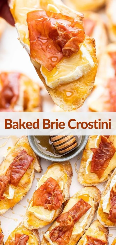 Crostini Brie, Appetizer Baguette, Prociutto Appetizers, Baked Prosciutto, Baguette Appetizer, Brie Crostini, Prosciutto Appetizer, Baguette Slices, Sweet Appetizer