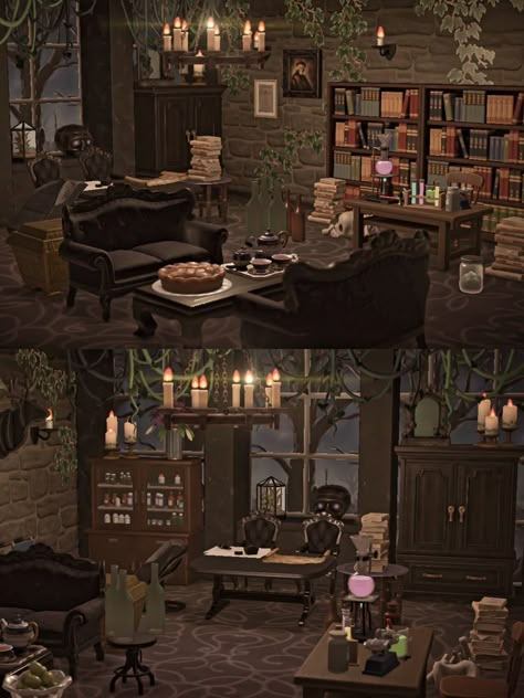 Acnh Dark Academia House, Animal Crossing Gothic Interior, Moody Acnh Island, Acnh Goth House Interior, Acnh Oddities Shop, Academia Animal Crossing Island, Animal Crossing Island Inspiration Goth, Acnh Dark Academia Codes, Acnh Witchy Island Ideas