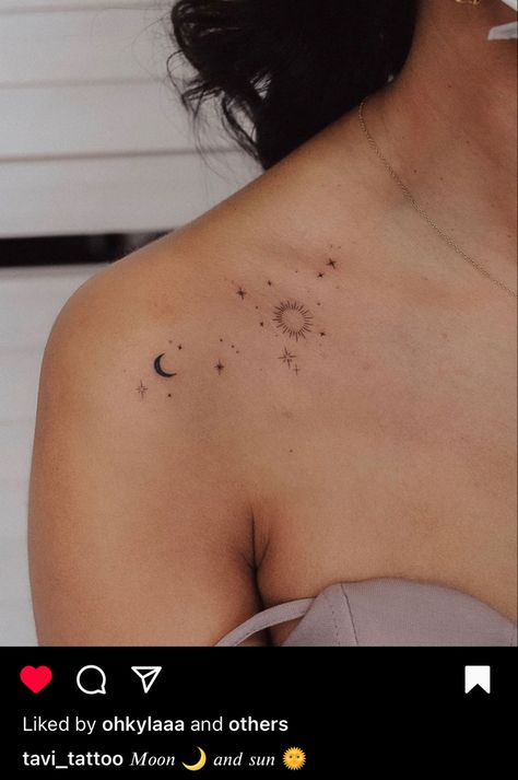 Sun Moon And Stars Tattoo Collar Bone, Constellation Tattoo Collarbone, Spine Constellation Tattoo, Collar Bone Constellation Tattoo, Moon And Stars Collar Bone Tattoo, Constellation Hip Tattoo, Spine And Shoulder Tattoo, Constellation Collar Bone Tattoo, Collarbone Constellation Tattoo