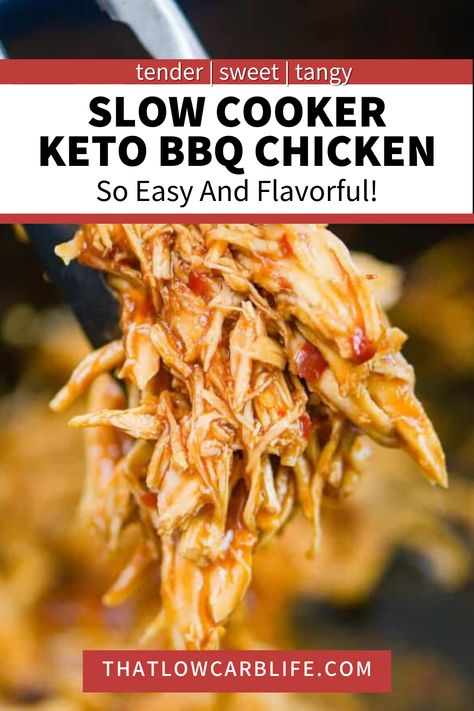 This slow cooker keto BBQ chicken recipe is perfect for family gatherings or potlucks. It is so delicious that no one will even know that it is low carb, plus it ridiculously easy! The result is tender fork shredded chicken slow cooked in a sweet and tangy keto BBQ sauce! The BBQ chicken gets perfectly juicy and tender after slow cooking in all that sauce, and it is absolutely full of flavor! Keto Bbq Chicken Crockpot, Keto Pulled Chicken Recipes, Low Carb Gluten Free Crock Pot Recipes, Thm Crockpot Recipes, Low Carb Pulled Chicken, Bbq Pulled Chicken Crockpot Healthy, Healthy Crockpot Pulled Chicken, Thm Crockpot Chicken, Keto Crockpot Chicken Recipes