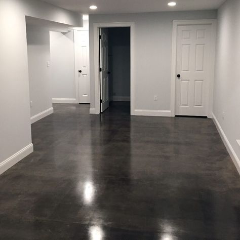 Dark Stained Concrete Floors, Stained Concrete Floors Kitchen, Concrete Basement Floor Ideas, Stained Cement Floors, Concrete Floors Bedroom, Elegant Basement, Basement Redesign, Concrete Floors Living Room, Concrete Kitchen Floor