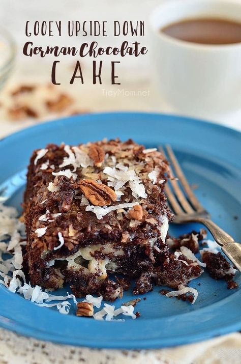 An easy delicious twist on the traditional German Chocolate Cake. Gooey Upside Down German Chocolate Cake has a coconut pecan frosting on the bottom, with a gooey butter filling on top. Creating a gooey delicious dessert everyone loves. Print full recipe   watch video at TidyMom.net #cake #germanchocolate #chocolate #dessert #recipe Upside Down German Chocolate Cake, German Chocolate Brownies, German Chocolate Cake Recipe, Pecan Frosting, Earthquake Cake, Coconut Pecan Frosting, Coconut Pecan, German Chocolate Cake, German Chocolate