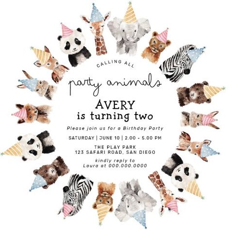 Safari Animals Birthday Invitation Wild One Party | Zazzle Party Animals Birthday Theme, Animals Birthday Theme, Animals With Party Hats, Party Animals Birthday, Animals Birthday Invitation, Animals Birthday Party, Animal Theme Birthday, Safari Animals Birthday, Animal Birthday Invitation