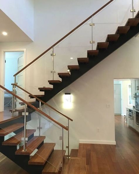 Starecase frameless glass Railings Stainless Steel And Glass Stair Railing, Wood Glass Railings For Stairs, Glass Wood Railing, Wood And Glass Staircase Railing, Mezzanine Railing, Stairs With Wood, Wooden Staircase Railing, Duplex Staircase, Glass Staircase Railing