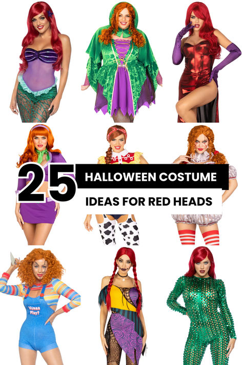 costume ideas, red hair, red head costume ideas, honey brown costume ideas red hair costume ideas, easy ideas, posion ivy, ariel, chucky, winfred, hocus pocus Redhead Costumes Women, Easy Redhead Costume, Diy Halloween Costumes Red Hair, Ginger Girl Halloween Costumes, Copper Hair Halloween Costume, Red Wig Halloween Costumes, Red Wig Costume Halloween, Characters With Red Hair Costumes, Red Head Characters Costumes