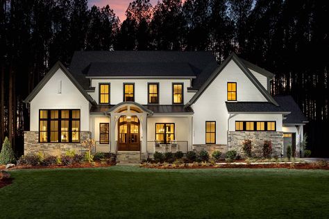 Durham Model Home | The Arlington By AR Homes® Luxury Farmhouse Plans, Arthur Rutenberg Homes, Black Front Doors, European Farmhouse, North Carolina Homes, Curved Staircase, Model Home, Iron Work, Virtual Design