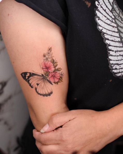 Butterfly Half Flowers, Flower Tattoo On Arm, Butterfly Half Flower Tattoo, Half Butterfly Half Flower Tattoo, Half Flower Tattoo, Dedication Tattoos, Hydrangea Tattoo, Butterfly Name Tattoo, Half Butterfly