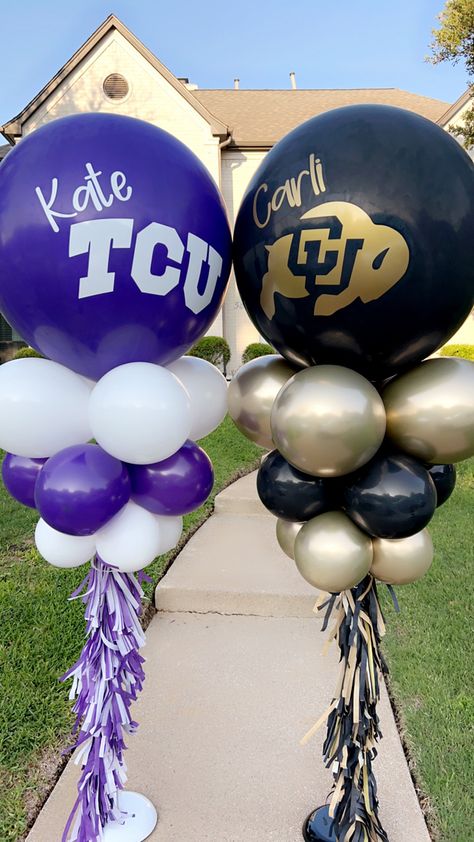 Tcu Graduation Party, University Of Arkansas Graduation Party, College Balloons, Twins Graduation, Party Captions, National Signing Day, Anderson University, Trunk Party, Balloon Tower