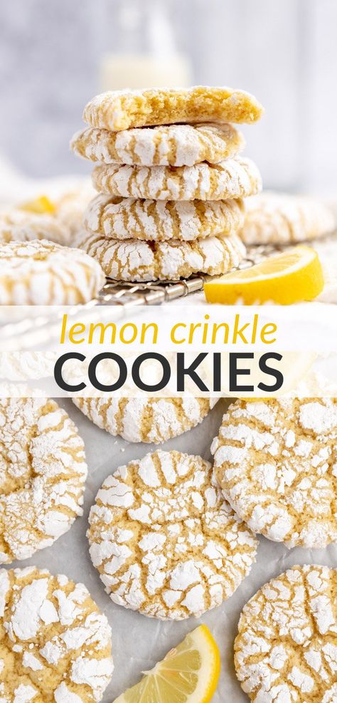 Cookies Easy Recipe, Dairy Snacks, Crinkle Cookies Recipe, Lemon Crinkle Cookies, Lemon Cookies Recipes, Lemon Bar, Lemon Dessert Recipes, Dessert Aux Fruits, Cookies Easy