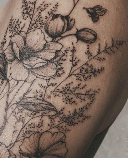 Quarter Sleeve Floral Tattoo, Wildflower Arm Sleeve Tattoo, Spring Tattoo Ideas Nature, Fern Floral Tattoo, Delicate Floral Sleeve Tattoo, Full Side Tattoos Women, Lower Forearm Tattoo Woman, Leaf Sleeve Tattoo, Floral Half Sleeve Tattoo Forearm