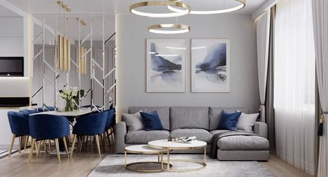 Blue And White Interior Design Living Room, White And Gold Interior Design Living Rooms, White And Gold Interior Living Room, Blue White Living Room Modern, White Blue And Gold Living Room, Blue White And Gold Living Room, White And Gold Interior Design, Classic Blue Interior, New Classic Salon