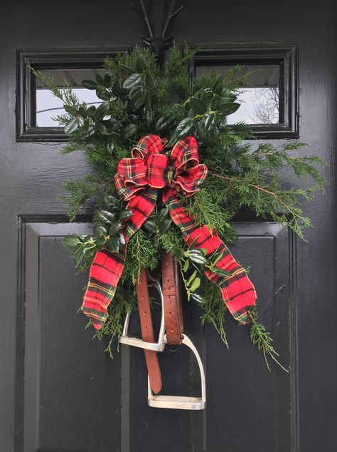 Found a use for old stirrups and leathers! Christmas Wreaths Diy Evergreen, Holiday Floral Arrangements, Winter Door Decorations, Southern Christmas, Christmas Planters, Cottage Christmas, Holiday Floral, Style Instagram, Christmas Past