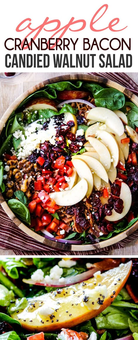 Apple Cranberry Bacon Candied Walnut Salad with Apple Poppy Seed Vinaigrette belongs on your table this Thanksgiving and all Autumn long! so addictively delicious and the dressing is amazing!  #salad #saladrecipes #dinner #dinnerrecipes #dinnertime #healthyrecipes #healthyfood #healthyeating #healthysnacks #thanksgiving #thanksgivingrecipes #sidedishrecipes #side #easyrecipe #vegetarian #apples #walnuts #bacon #feta via @carlsbadcraving Candied Walnut Salad, Poppy Seed Vinaigrette, Candied Walnuts For Salad, Apple Walnut Salad, Low Carb Veggie, Thanksgiving 2023, Thanksgiving Salad, Apple Salad Recipes, Diy Easy Recipes